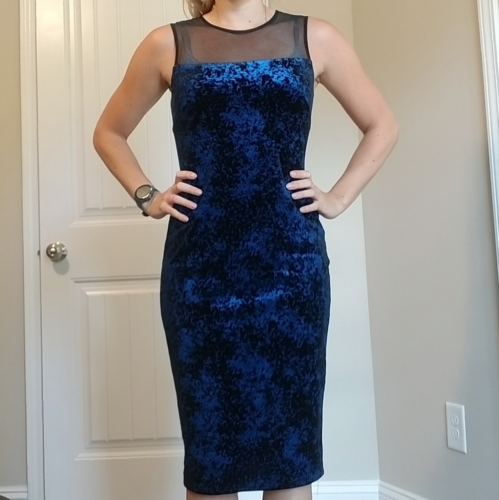Calvin Klein black and blue velvet midi dress
